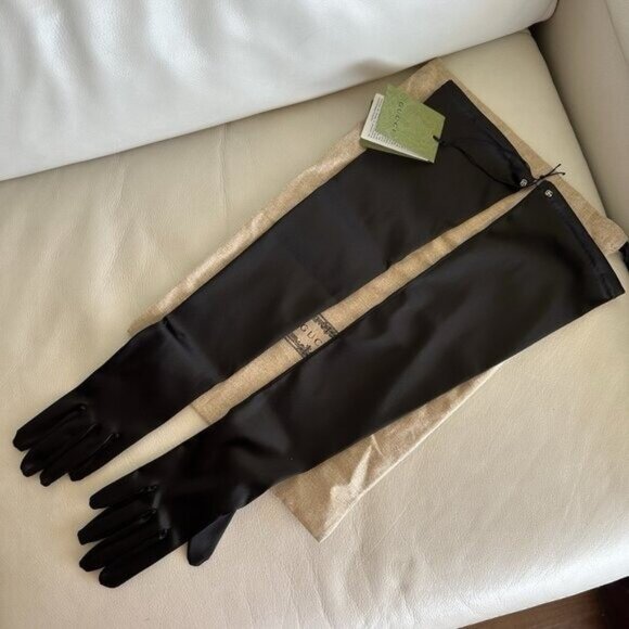 NWT GUCCI Gloves Satin Black GG Logo Sz M 7.5 100% Authentic - Picture 6 of 9